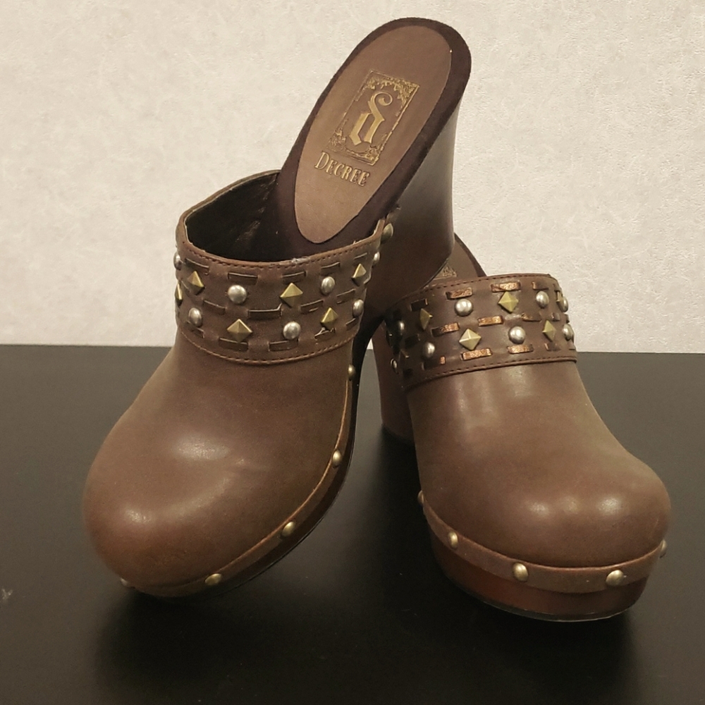 Brown studded Decree clogs
